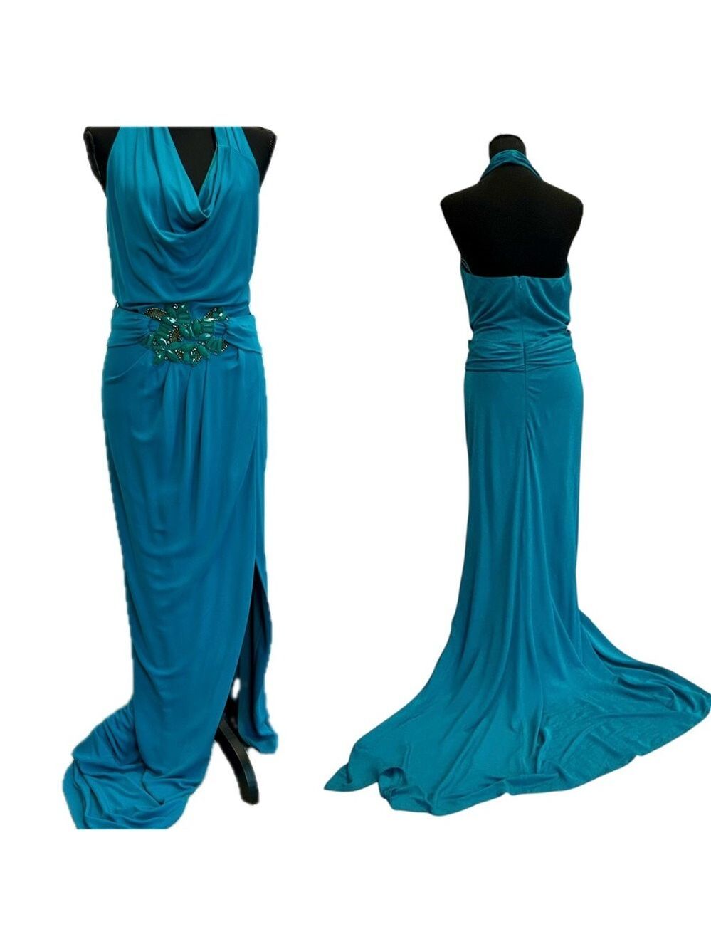 Badgley Mischka teal blue draped cowl halter neck open back maxi dress gem jewel